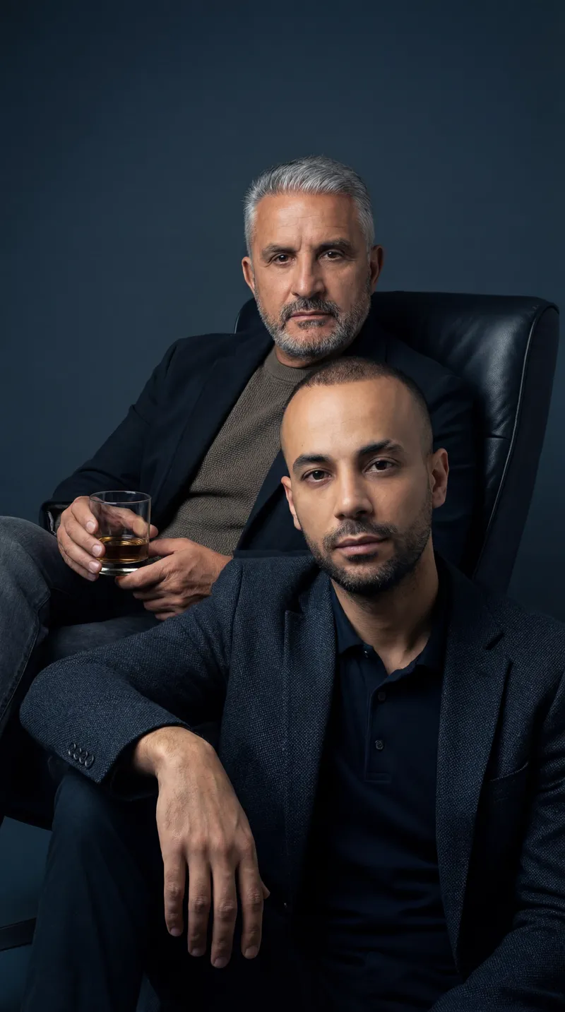 {
  "prompt": "A cinematic studio portrait of two men posed…