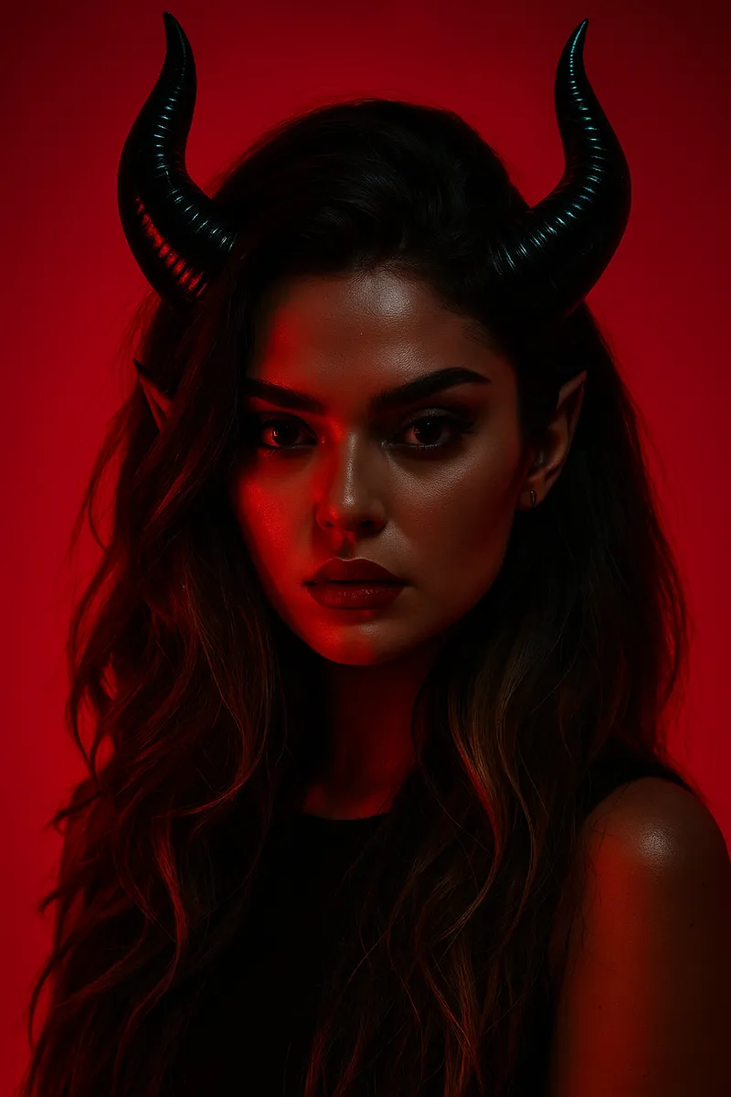 A cinematic portrait of a beautiful woman with demonic featu…