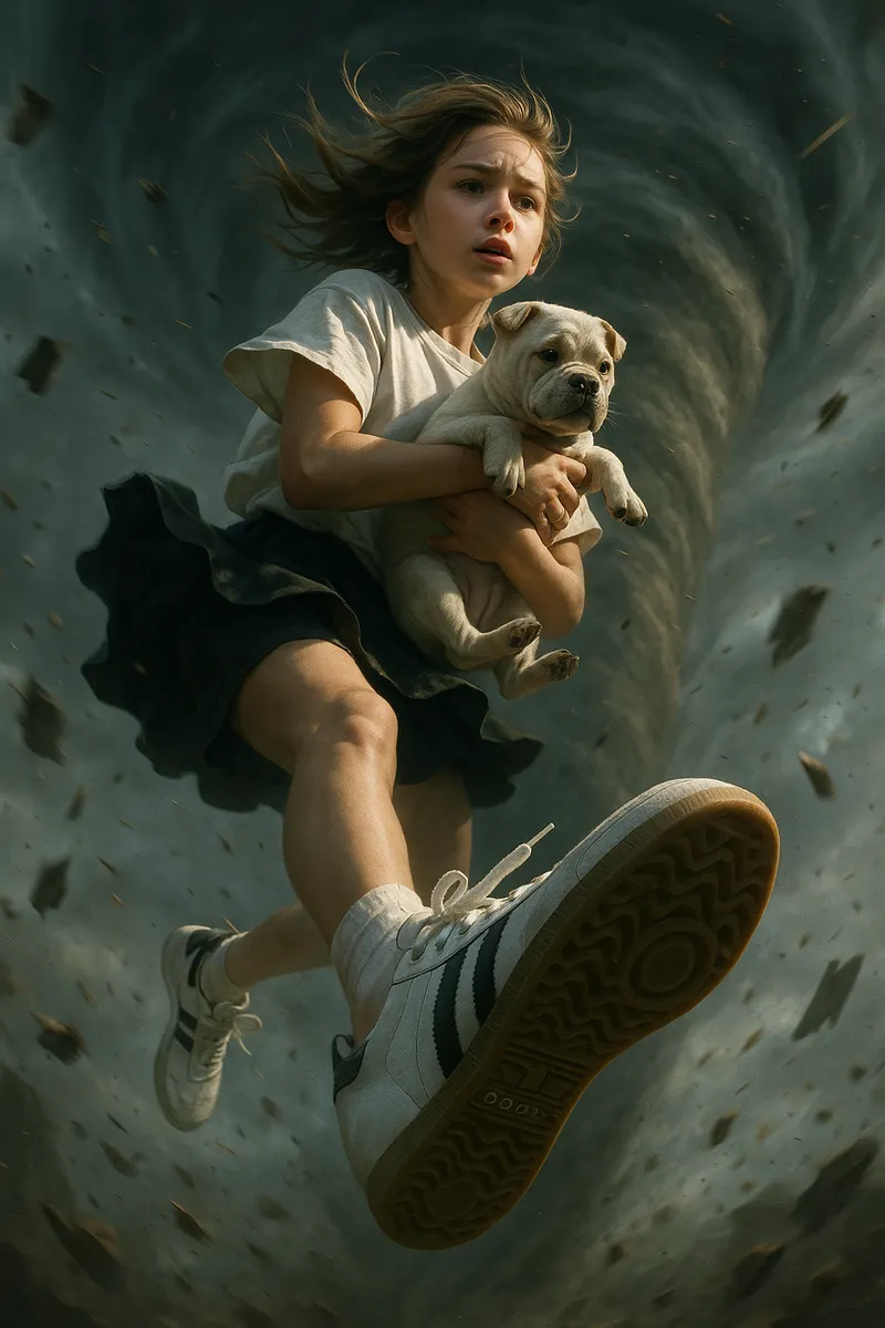 A cinematic low-angle shot of a young girl flying through a…