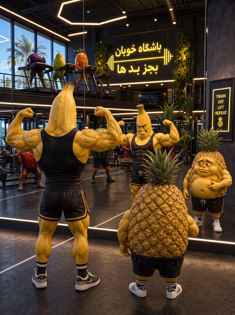 Place the muscular banana man and the pineapple man standing…