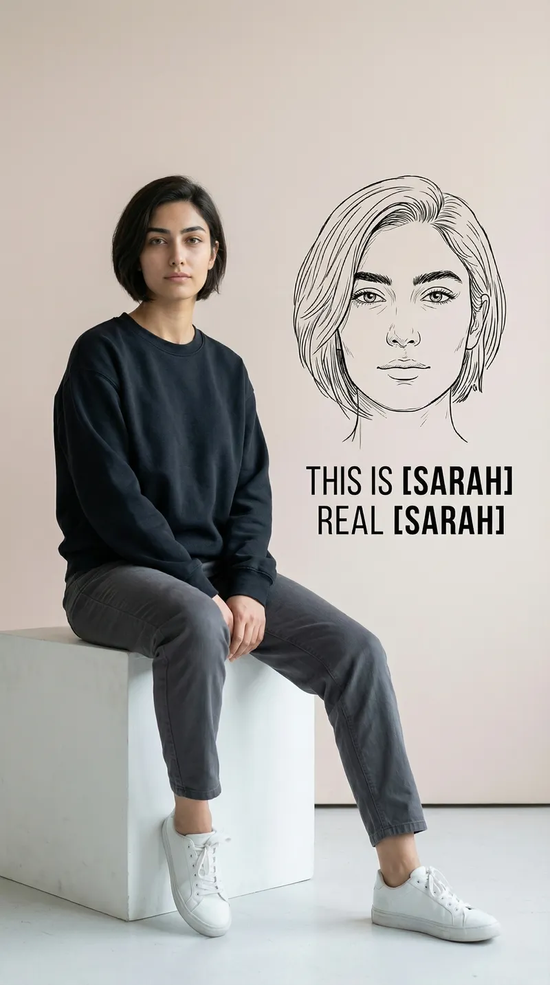 A hyper-realistic, gender-neutral studio portrait based stri…