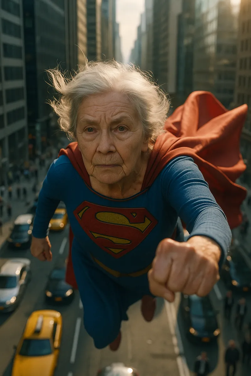 A highly realistic cinematic scene of a superhero flying abo…