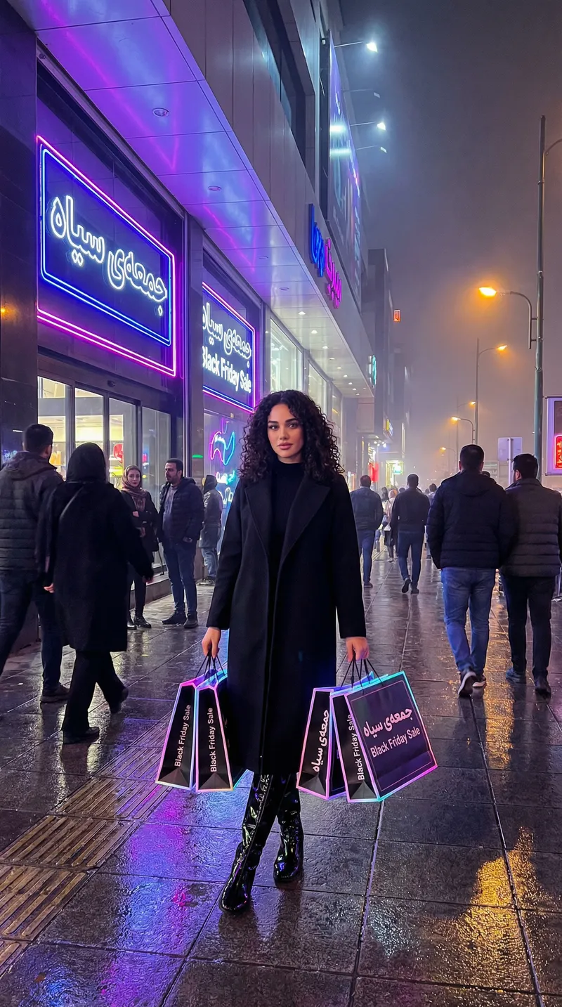 A stylish young woman standing on a neon-lit Tehran street a…