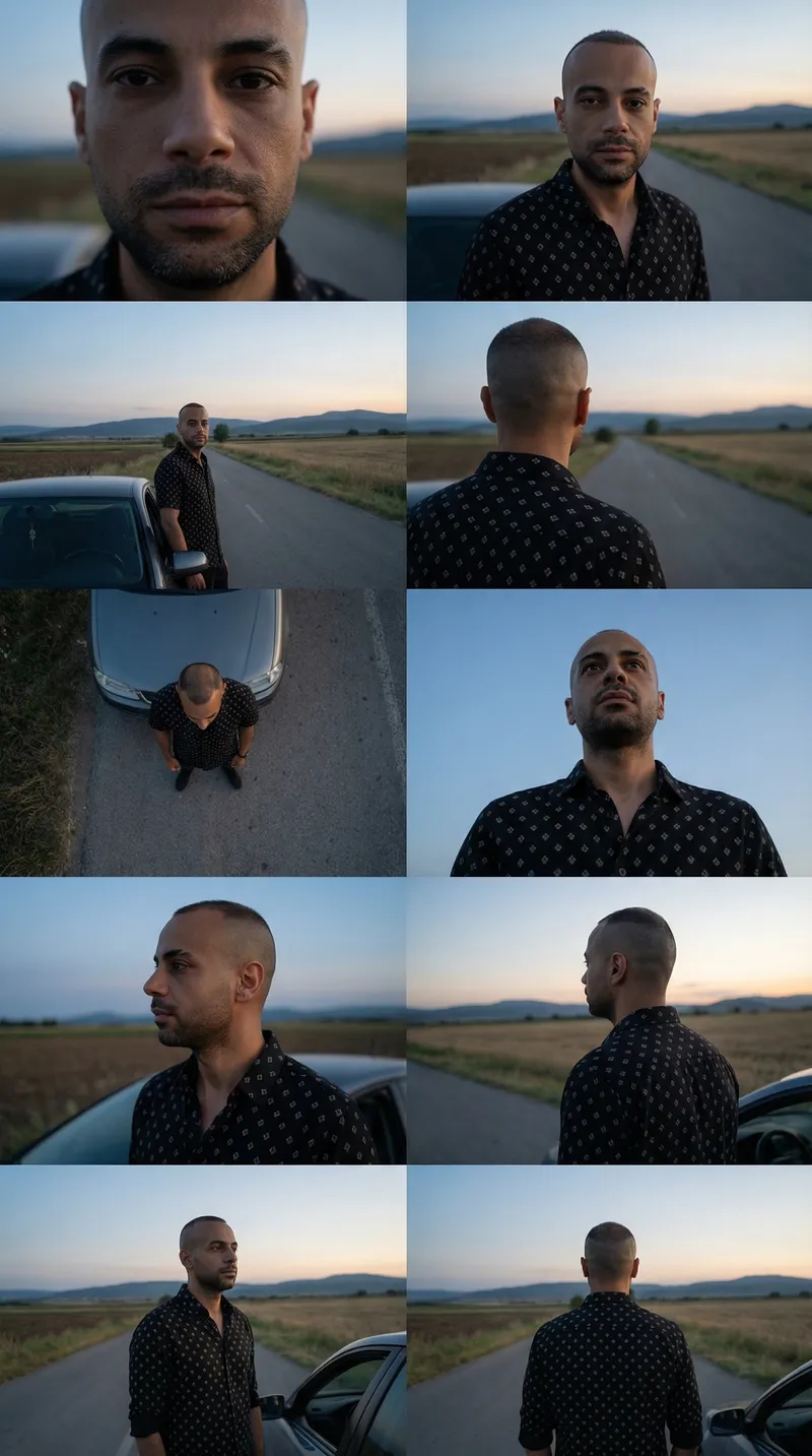 A cinematic 3×3 seamless grid presenting multiple camera ang…