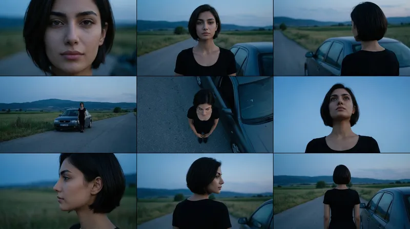 A cinematic 3×3 grid with seamless frames, presenting multip…