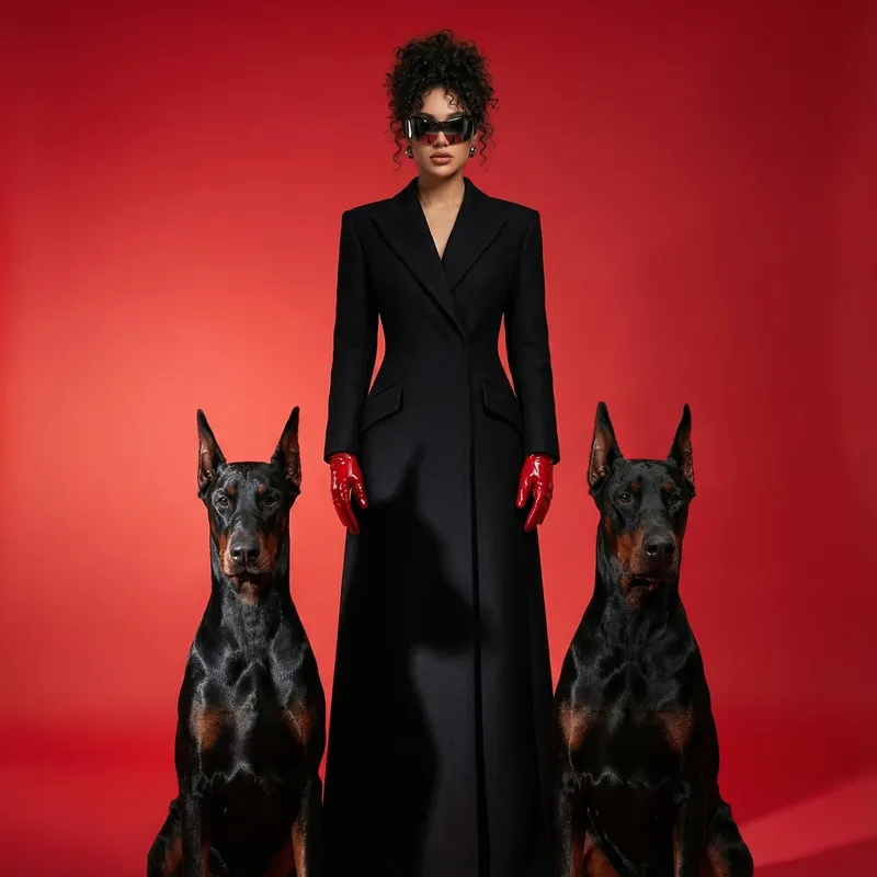 A dramatic high-fashion editorial portrait featuring the ref…