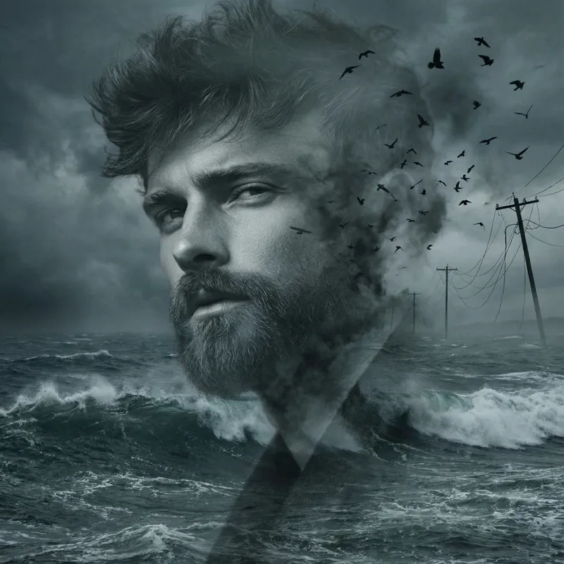 A haunting double exposure artwork of a man with windswept h…