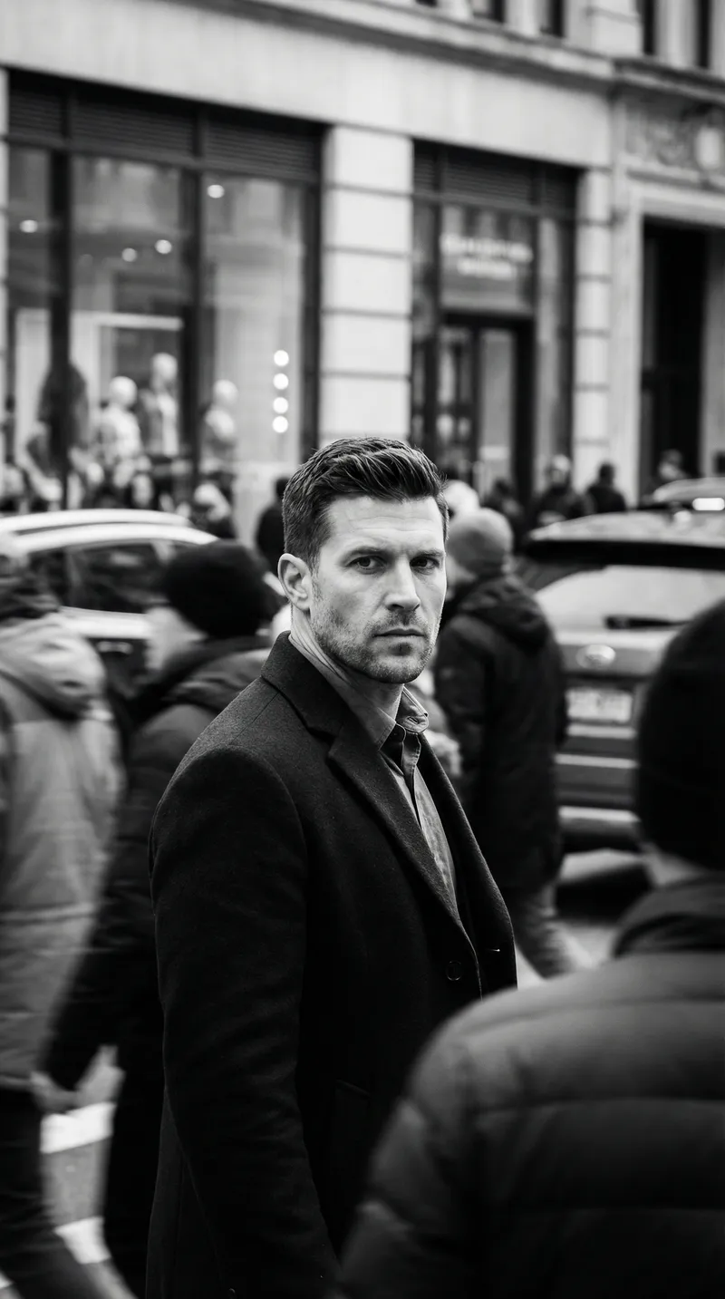A hyper-realistic black-and-white cinematic street portrait…
