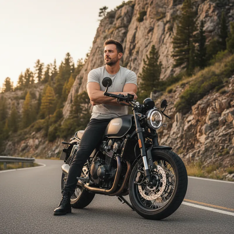 I am leaning casually against my motorcycle, sitting slightl…