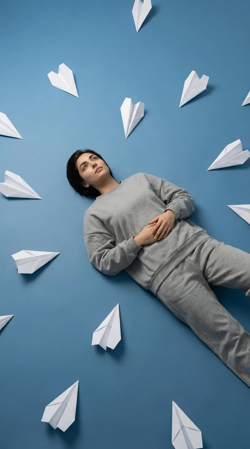 A conceptual, minimalist fashion photograph shot from a high…