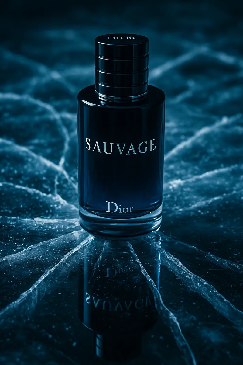 "A high-end bottle of Dior Sauvage cologne placed on a froze…