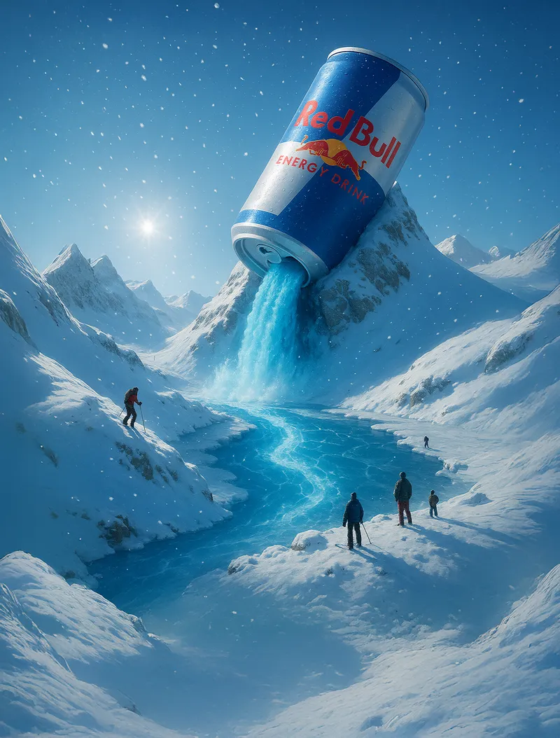 A surreal, photorealistic landscape where a giant "BRAND NAM…