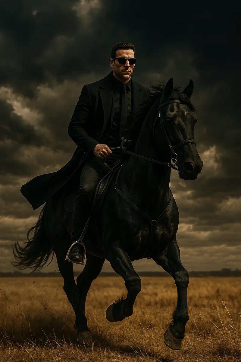 A HYPER-REALISTIC, CINEMATIC PORTRAIT OF A MAN RIDING A MAJE…