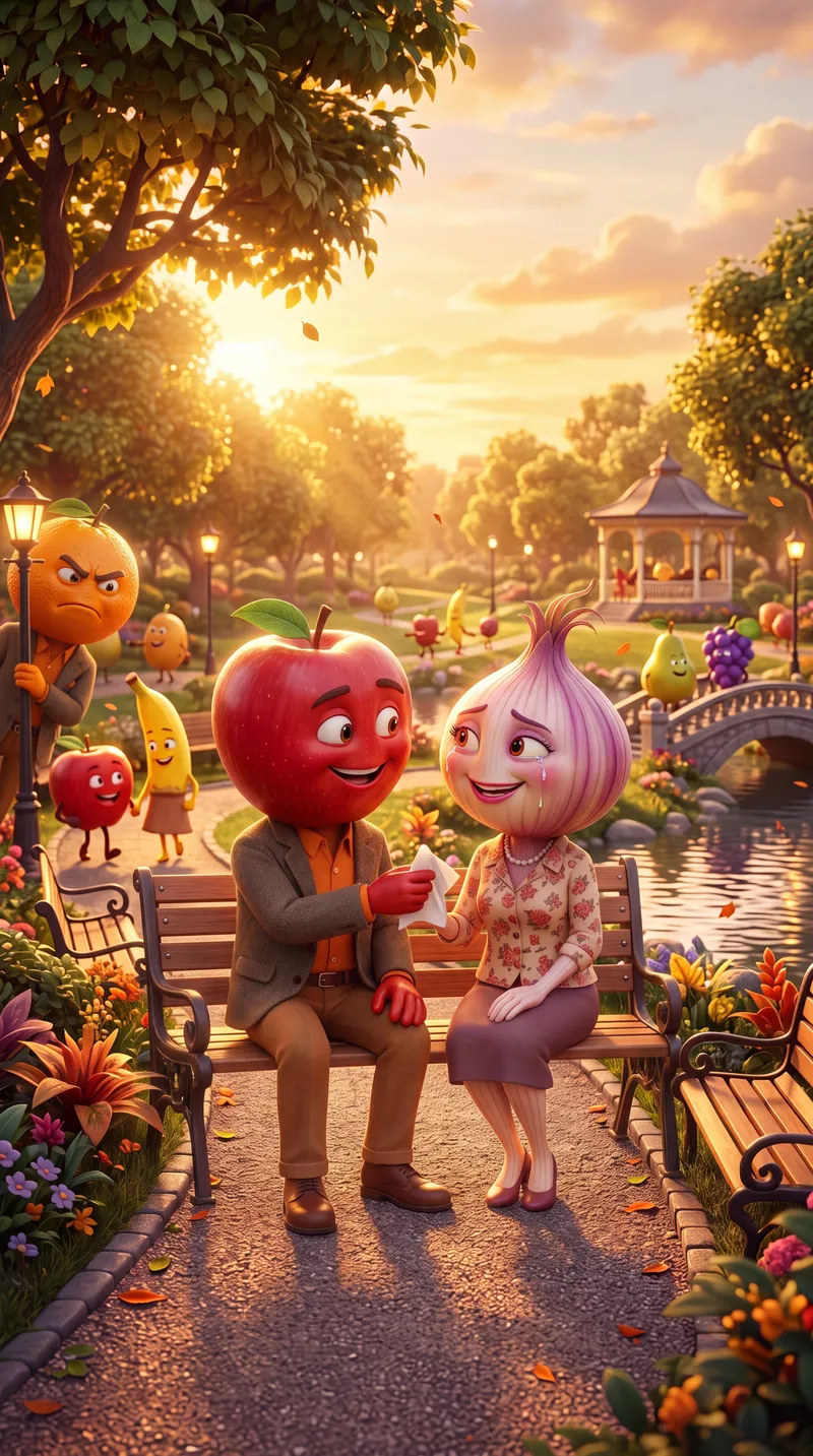 Place the apple man kindly sitting beside the onion woman on…