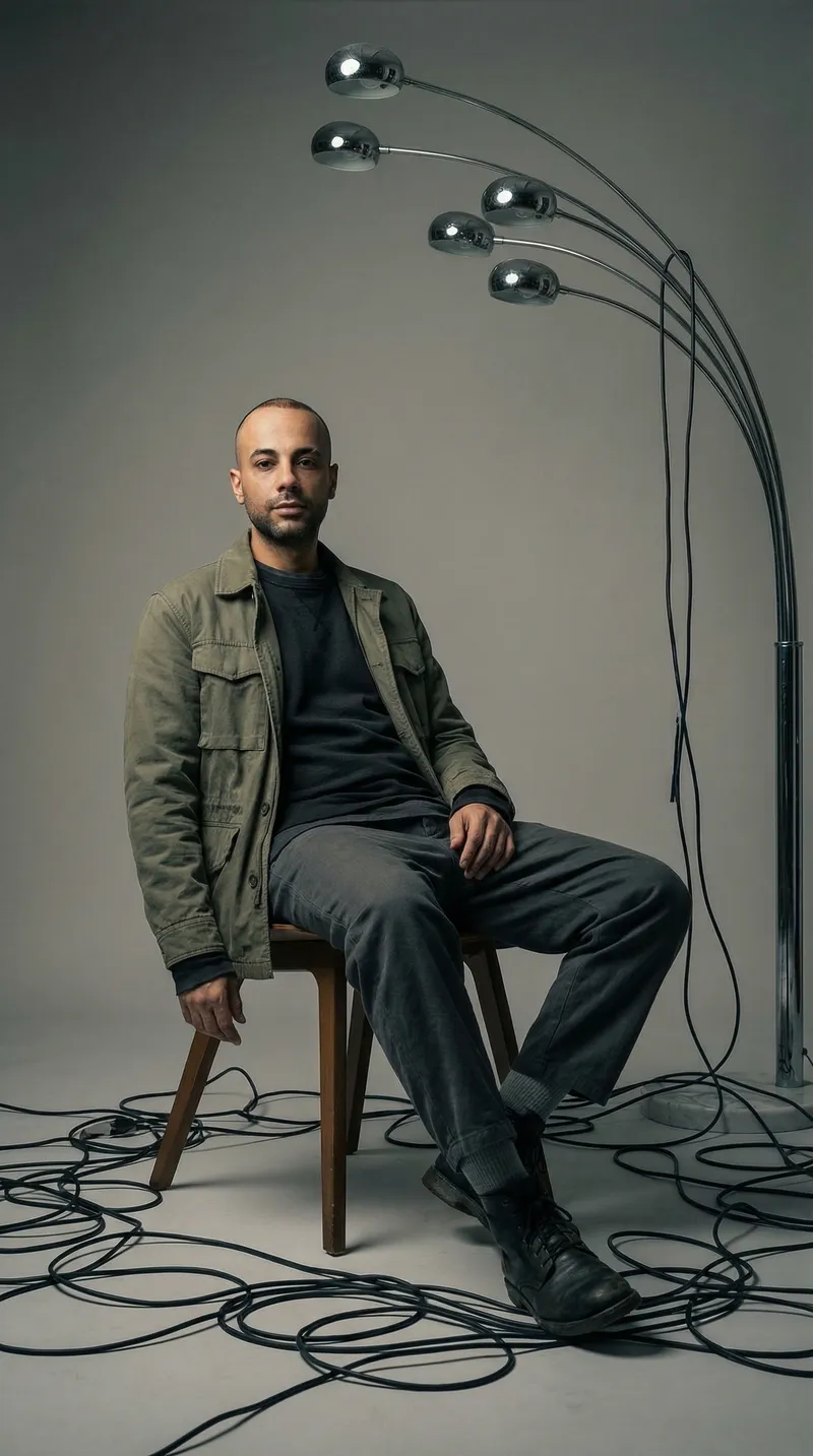 A cinematic full-body studio portrait of a seated human subj…