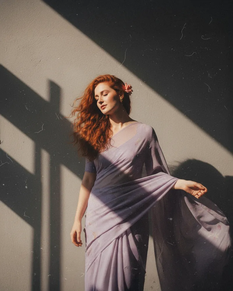 Red hair, wind, and lavender saree shadows.
Produce a retro…