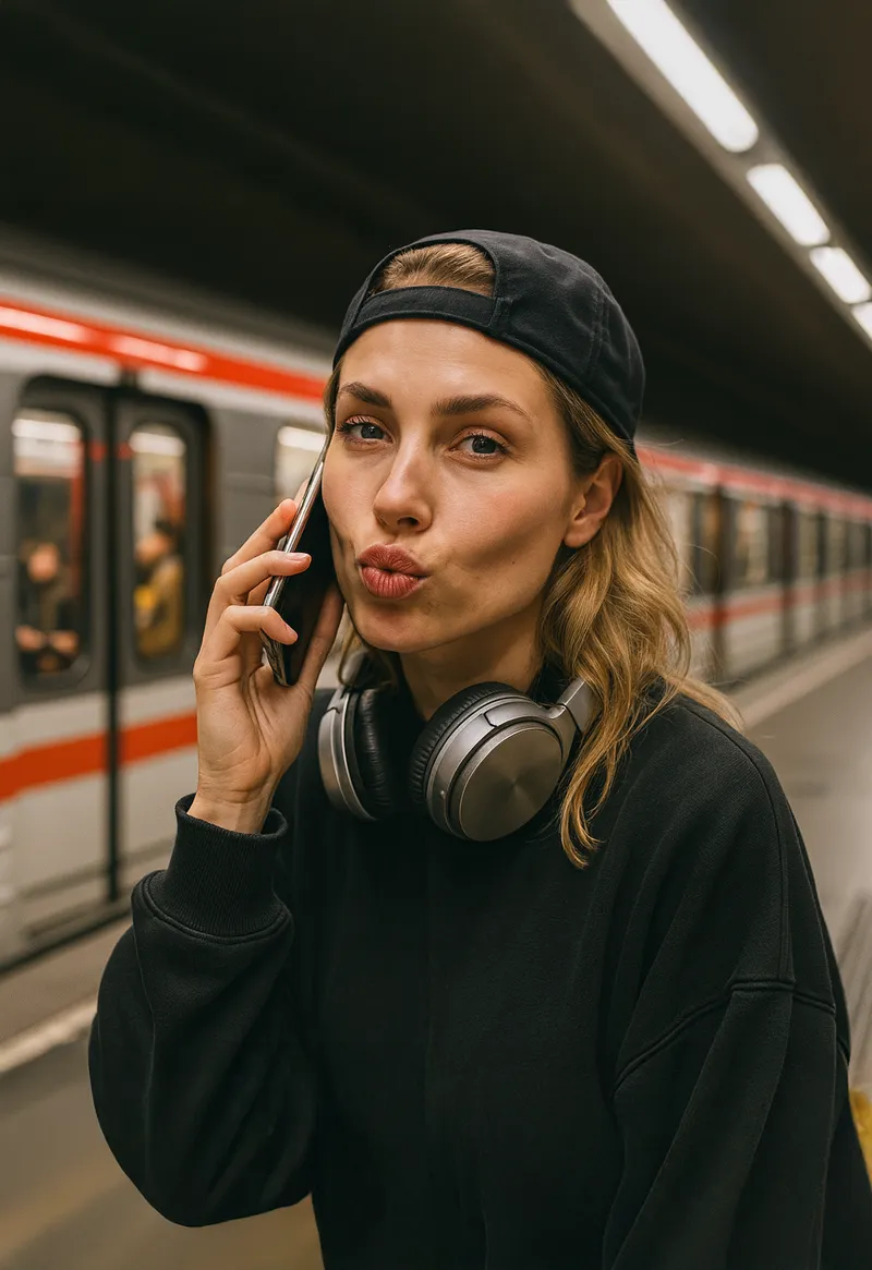 A hyper-realistic close-up portrait of me in a subway statio…