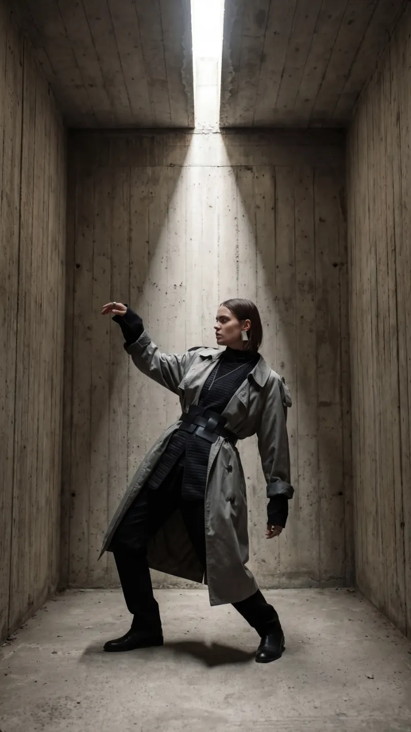High-fashion editorial, full-body shot, androgynous model in…