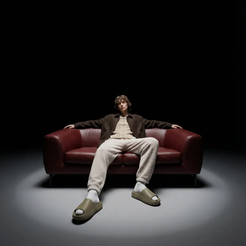A minimal, high-end studio portrait of one person sitting on…