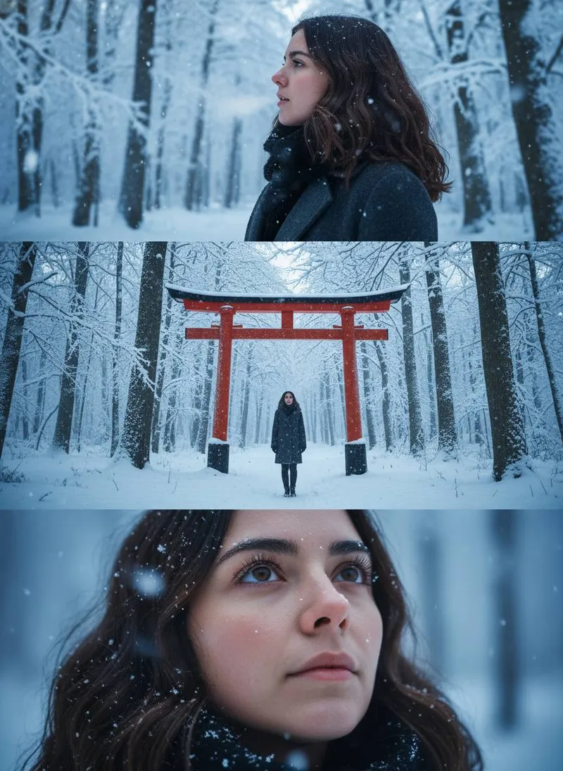 A Three connected frames depicting a cinematic winter scene.…