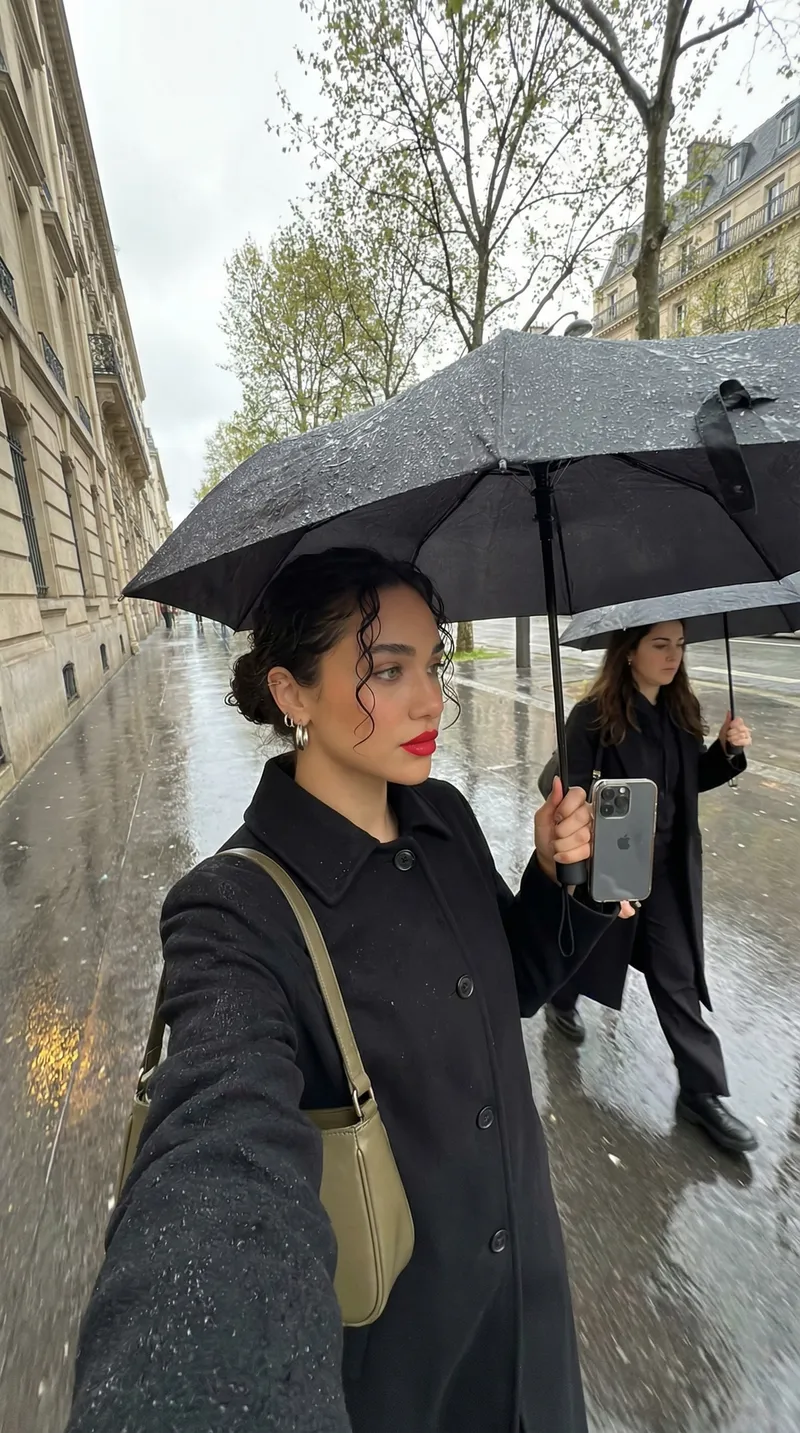 She strides beneath an overcast sky on slick pavement, long…