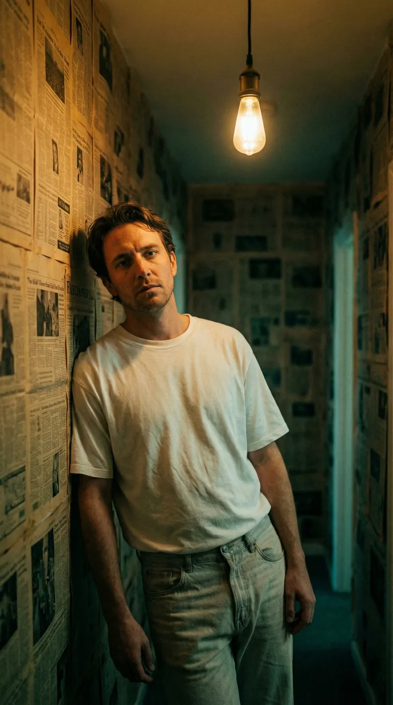 A cinematic retro-style portrait of the reference man standi…