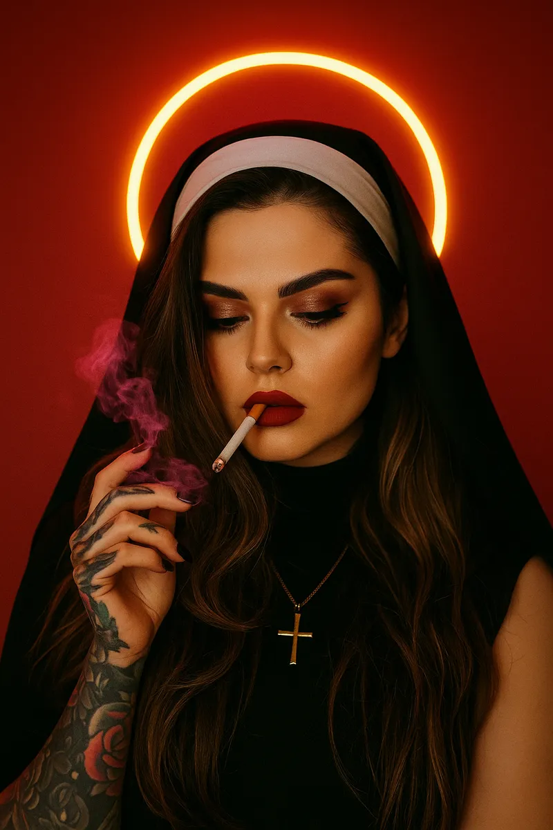 A young woman, wearing a black nun's habit, is shown in a cl…
