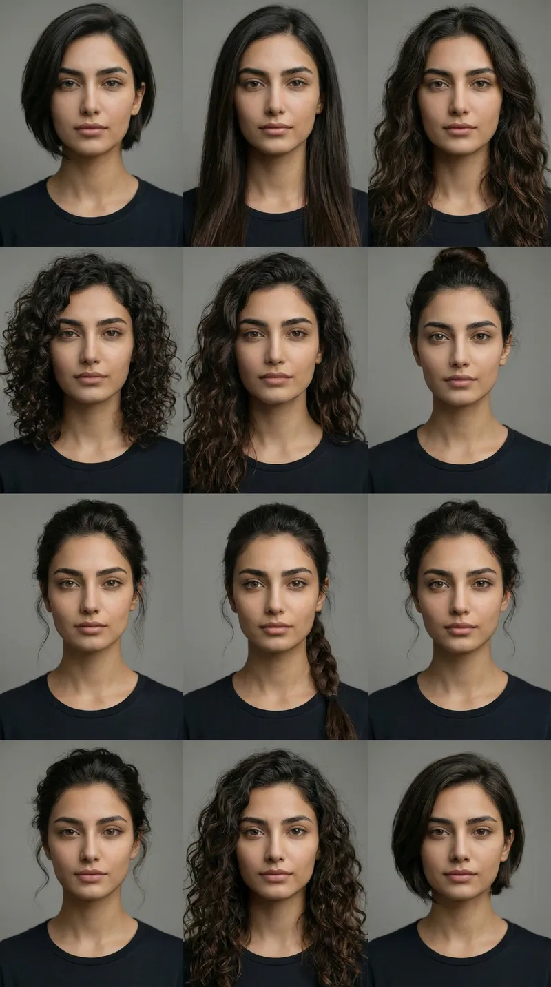 A 3×4 grid of hairstyle variations for a single subject, bas…