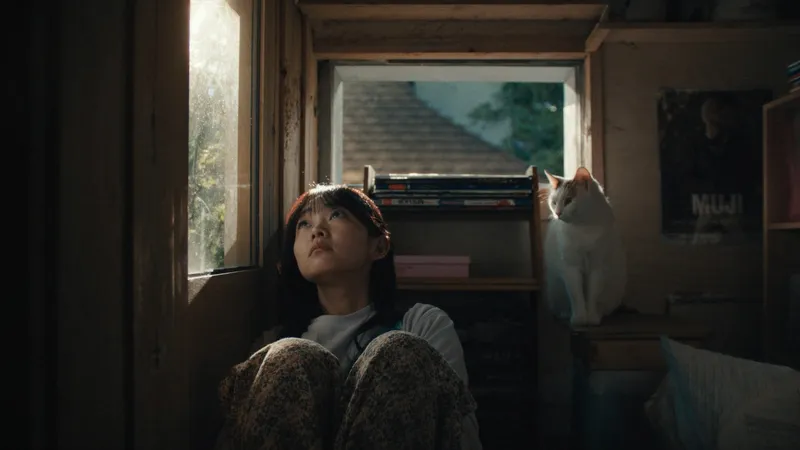 A quiet, intimate moment: a young woman sits on the floor by…