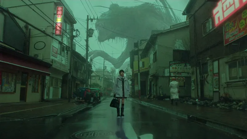 A rain-slicked Tokyo side-street trembles as a surreal levia…